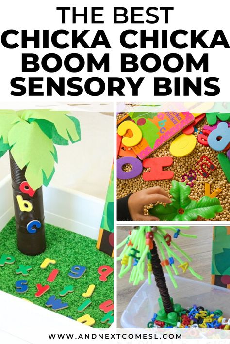 Looking for Chicka Chicka ABC activities for toddlers and preschoolers? Try these fun sensory bin ideas inspired by the book Chicka Chicka Boom Boom! #sensoryplay #sensorybins #sensoryactivities #chickachickaboomboom #alphabetactivities Abc Activities For Toddlers, Chicka Chicka Boom Boom Sensory, Chicka Chicka Boom Boom Preschool, Chicka Chicka Boom Boom Activities, Sensory Bins For Toddlers, Sensory Bin Activities, Sensory Bin Ideas, Toddler Sensory Bins, Chicka Chicka Boom Boom