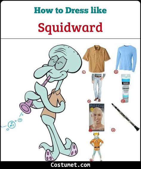 Spongebob Patrick And Squidward Costumes, Bald Party Costumes, Squidward Costume Diy, Squidward Halloween Costume, Diy Spongebob Characters Costume, Diy Squidward Costume, Squidward Outfit, Spongebob Squarepants Halloween Costumes, Handsome Squidward Costume