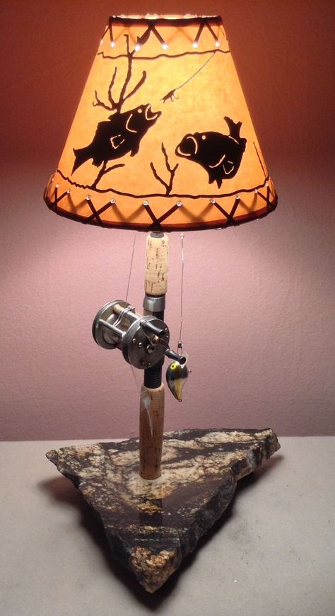 Fishing Tackle Room, Fishing Decorations, Fish Lamp, Fishing Cabin, Fishing Room, Fish Crafts, Pipe Lamp, Fishing Decor, Brass Lamp