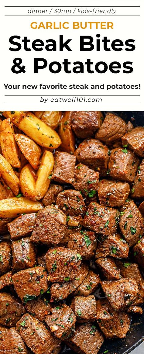 Garlic Butter Steak Bites and Potatoes - #eatwell101 #steak #potato #dinner #recipe - Super flavorful and nourishing, these garlic butter steak bites and potatoes are a one-skillet wonder you’ll return to again and again! - #recipe by #eatwell101® Butter Steak Bites And Potatoes, Potato Dinner Recipe, Steak Bites And Potatoes, Steak And Potatoes Skillet, Garlic Butter Steak And Potatoes, Butter Steak And Potatoes, Cream Deserts, Meat And Potatoes Recipes, Potatoes Skillet