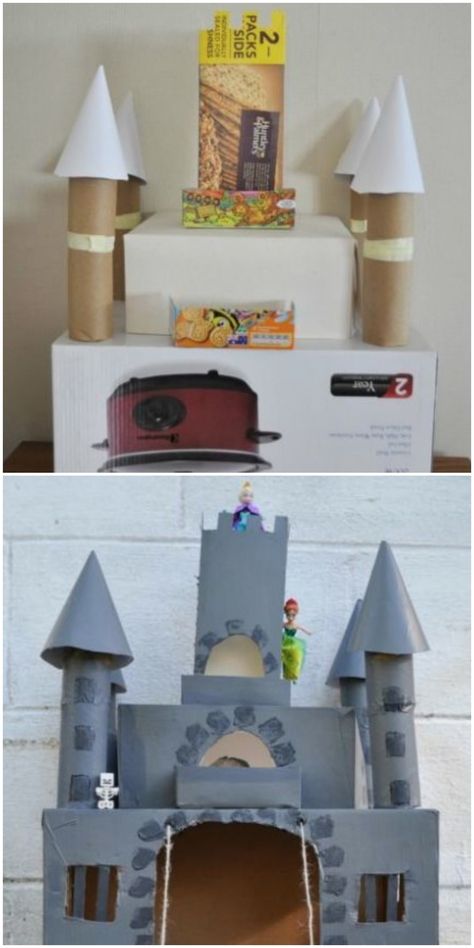 This cardboard castle box craft is seriously fit for a princess (or prince). Diy Cardboard Box Ideas, Cardboard Box Ideas, Tapestry Of Grace, Castle Crafts, Large Cardboard Boxes, Castle Project, Cardboard Castle, Cardboard Toys, Cardboard Box Crafts