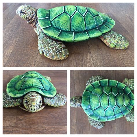 Sea Turtle Sculpture, Painted Turtle Shell, Ceramic Turtle Painting Ideas, Turtle Diy Crafts, Turtle Pottery Painting, Paper Mache Turtle, Ceramic Turtles, Turtle Pottery, Painted Turtles