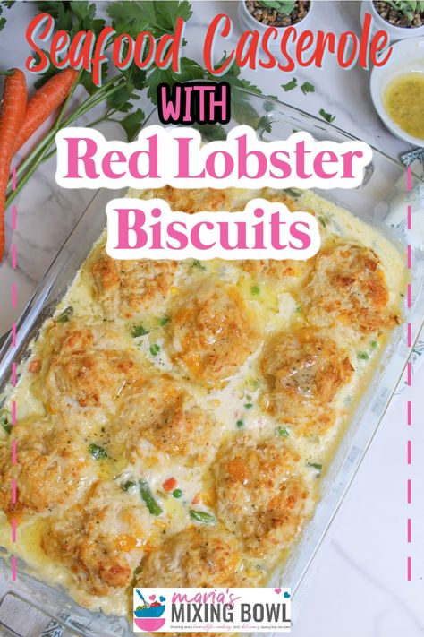 This seafood casserole with Red Lobster biscuits is rich, creamy, made with shrimp, fish, a creamy sauce, and Red Lobster biscuit mix. Casserole With Red Lobster Biscuits, Red Lobster Cheddar Bay Biscuits Dinners, Casserole Crock Recipes, Baked Salmon With Mayo, Red Lobster Biscuit Mix, Seafood Pot Pie, Creamy Casserole, Lobster Biscuits, Red Lobster Shrimp