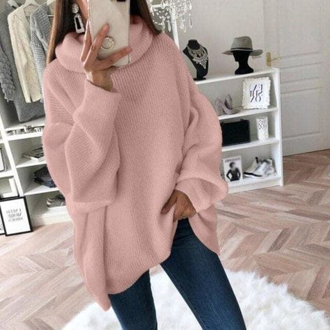 728f206c2a01bf572b5940d7d9a8fa4cdesc50653140ri Casual Sweaters Women, Winter Turtleneck, Korean Fashion Casual, Scarf Casual, Solid Sweaters, Estilo Chic, High Neck Sweater, Long Sleeve Knit Sweaters, High Neck Long Sleeve