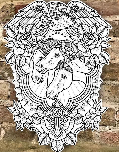 Traditional Tattoo Horse, Traditional Tattoo Back Piece, Traditional Bear Tattoo, Eagle Chest Tattoo, Traditional Tattoo Outline, Traditional Tattoo Woman, Sam King, Backpiece Tattoo, Minimalist Tattoo Ideas