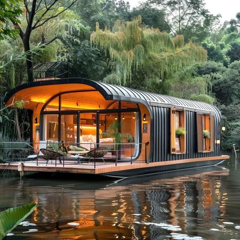 Houseboat Living Interiors, Boat House Interior, Houseboat Living, Floating Architecture, Architecture Blueprints, House Boats, Small House Floor Plans, Lake Living, Floating House