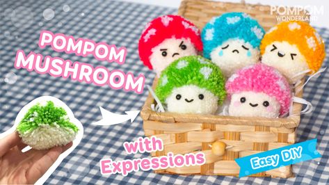 Pom Pom Mushroom, Yarn Pom Pom Animals, Diy Pompom Maker, Easy Pom Pom Crafts, Cute Mushroom Crafts, Cute Yarn Crafts, Diy Pom Pom Animals, Pompom Patterns, Pom Pom Crafts For Adults