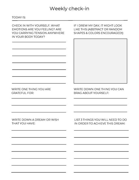 A Weekly Check-in prompt for Teens & Adults! Do you find it hard to start journaling? Do you need help with prompts? These are simple and to the point prompt sheets. What are your dreams and how do you get there? *This is a digitally downloaded product. There are two PDFs included in this digital download. Weekly Check In, Adult Worksheets, Start Journaling, Journal Gratitude, Healing Journaling, Gratitude Journal Prompts, Counseling Activities, Writing Therapy, Art Therapy Activities