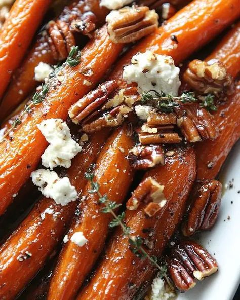 Carrots With Goat Cheese, Candy Carrots Recipe, Carrot Recipes Side Dishes, Pecan Halves, Maple Roasted Carrots, Crumbled Goat Cheese, Carrots Side Dish, Goat Cheese Dip, Candied Carrots