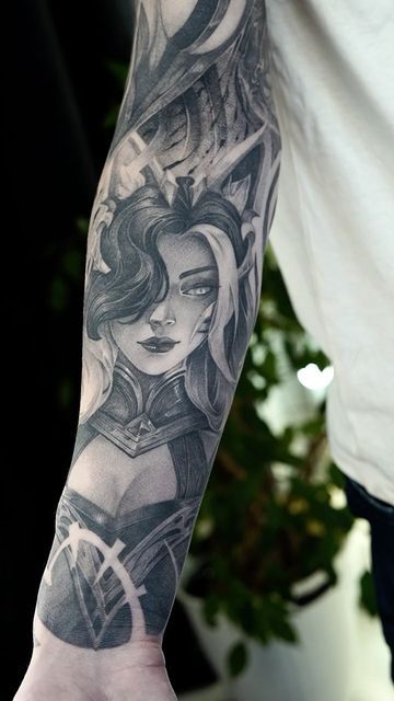 ❈ Tattoo Vladivostok - Moscow ❈ on Instagram: "Full Healed Sleeve “League of Legends” ✨ Coven Skin . . . #3rl #3rltattoo #3rlonly #leagueoflegends #ahri #morgana #cassiopeia" Full Tattoo Women, Hades Game Tattoo, League Of Legends Tattoo, Jake Tattoo, Champion Tattoo, Werewolf Drawing, Ahri Lol, Full Tattoo, Tattoo Reference