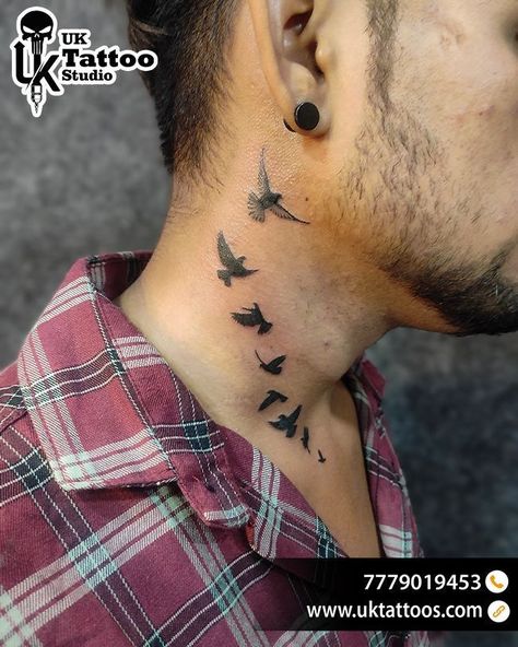 Bird Tattoo Neck Men, Birds Flying Tattoo Men, Bird Neck Tattoo Men, Nek Tattoo Men, Sparrow Neck Tattoo, Birds Tattoo On Neck, Neck Bird Tattoo, Bird Neck Tattoo, Kneck Tattoos