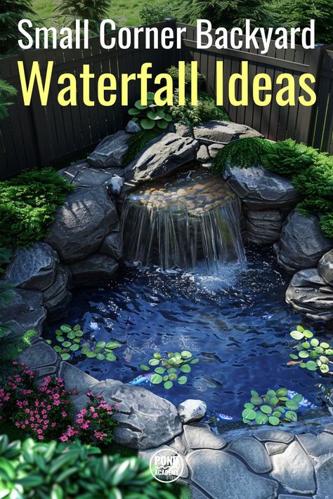 A look at 16 small corner waterfall pond ideas to help you design the perfect water feature for your backyard! Small Pond With Waterfall Ideas, Small Garden Ponds With Waterfalls, Outdoor Pond Ideas Landscaping, Backyard Ponds With Waterfalls, Small Ponds With Waterfall Front Yards, Pond And Waterfall Ideas, Gazebo With Waterfall, Small Ponds With Waterfall, Small Waterfall Ideas