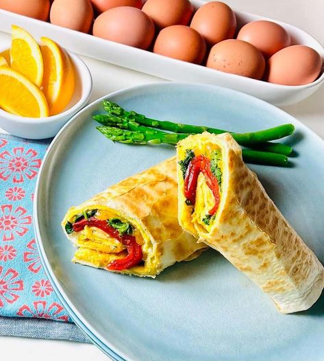 Easy Home Meals, Egg Wraps, Spicy Eggs, Spinach Tortilla, Crispy Egg, Veggie Sausage, Egg Wrap, Home Meals, Roasted Red Peppers