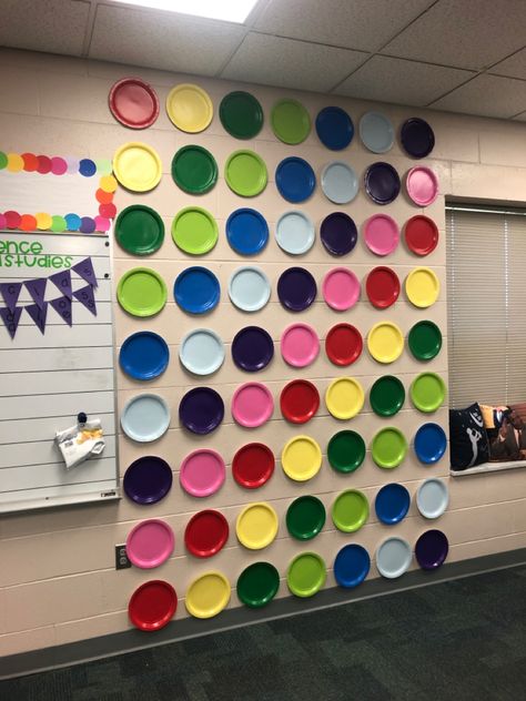 Classroom Decor Hanging From Ceiling, Blank Classroom Wall Ideas, Better Than Paper Classroom Wall Ideas, Awkward Wall Space, Gold Classroom Decor, Cheap Wall Covering, Classroom Ceiling Decorations, Cheap Classroom Decor, Classroom Ceiling