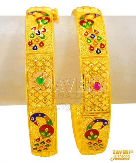 Exclusive Gold Peacock Kadas (2PC) Meenakari Bangles, 22k Gold Bangles, Gold Bangles Indian, Peacock Jewelry, Gold Peacock, Gold Temple Jewellery, Bangles Indian, Wedding Jewellery Collection, Stone Bangle