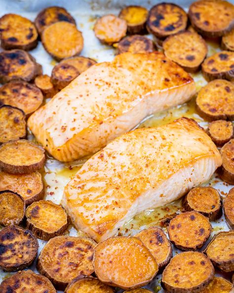 Maple Mustard Baked Salmon 🍯🐟 | Clean Food Crush Cfc Recipes, Cleanfoodcrush Recipes, Maple Mustard Salmon, Paleo Entrees, Sheet Pan Meals, Seafood Dinners, Mustard Salmon, Sweet Potato Slices, Maple Mustard