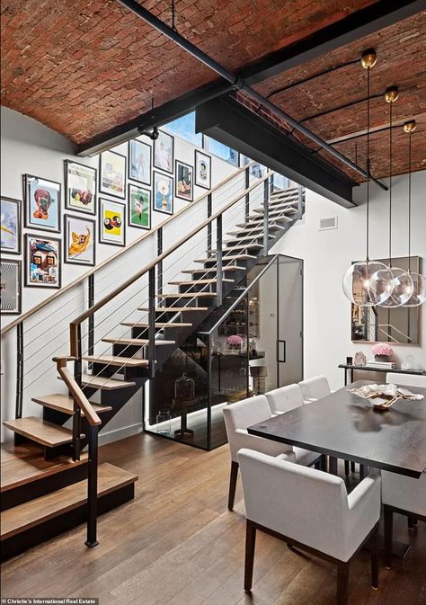 Celebrity Apartments, New York City Penthouse, Bicycle Room, City Penthouse, Modern Warehouse, Nyc Penthouse, New York Penthouse, Wood Columns, Huge Windows