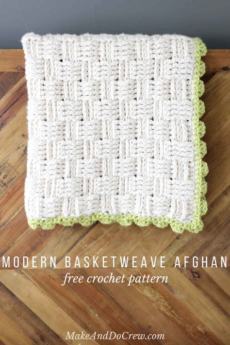 Squishy yarn heaven! This free crochet basket weave blanket pattern is blooming with texture and makes a perfect lapghan-sized afghan. Made with Lion Brand Wool-Ease Thick & Quick in "Fisherman" and Hometown USA in "Monteray Bay." | MakeAndDoCrew.com Basket Weave Crochet Pattern, Basket Weave Crochet Blanket, Crochet Basket Weave, Basket Weave Blanket, Crochet Blanket Border, Basket Weave Crochet, Modern Haken, Weave Blanket, Baby Playmat