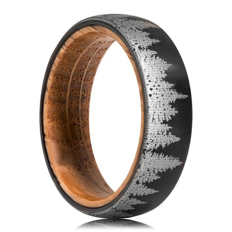 PRICES MAY VARY. Authentic Whiskey Barrel Wood: Highlight the unique and authentic aspect of the Morf jewelry Whiskey Barrel Wedding Ring by showcasing its incorporation of genuine whiskey barrel wood. Customers will appreciate the story behind the ring and the natural beauty of the wood grain, making it a standout choice for those seeking a truly distinctive wedding band. Stunning Forest Scenery Design: Emphasize the exquisite forest scenery design featured on the ring. The intricate details an Rustic Mens Wedding Bands, Mens Jewelry Rings, Whiskey Barrel Wedding Ring, Whiskey Barrel Wedding, Barrel Wedding, Pine Tree Forest, Pine Trees Forest, Forest Scenery, Engraved Box