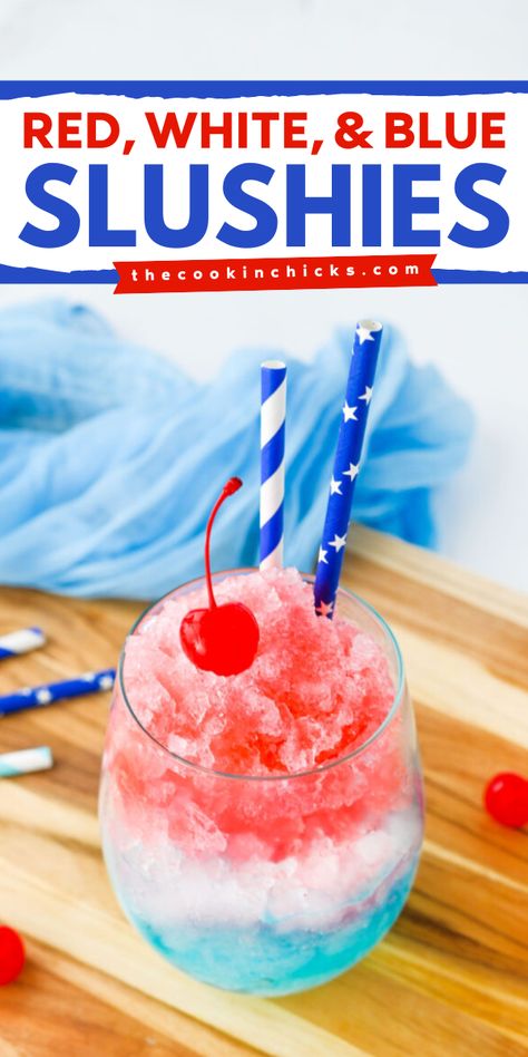 These Red, White, and Blue Slushies are the perfect addition to any Memorial Day, Fourth of July, or summer BBQ! Simple to make and a drink both kids and adults can enjoy! The ultimate frosty treat that has all the flavors of Hawaiian shaved ice! If you’re looking for a Patriotic recipe to add to your next gathering, look no further! 4th Of July Slushies For Kids, Fourth Of July Drinks For Kids, Fourth Of July Mocktail, Fourth Of July Drinks Nonalcoholic, 4th Of July Drinks For Kids, 4th Of July Drinks Nonalcoholic, 4th Of July Mocktail, Red White Blue Drink, 4th Of July Drinks