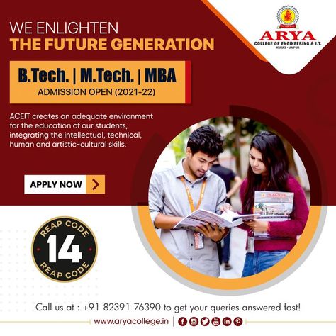 We enlighten the future generation by creating an adequate environment for the education of our students thus enabling their overall development. For any admission or online counselling related enquiry, feel free to contact us. +91 8239176390 or Visit: https://www.aryacollege.in #Admissions #AdmissionsOpen #ApplyNow #Engineering #Btech #aceit #admissionsopen2021 #arya1stoldcampus #engineeringcollegerajasthan Engineering College Admission Poster, Mba Admission Creative Ads, College Creative Ads, Palak Muchhal, Centennial College, College Poster, College Ad, Admissions Poster, College Preparation