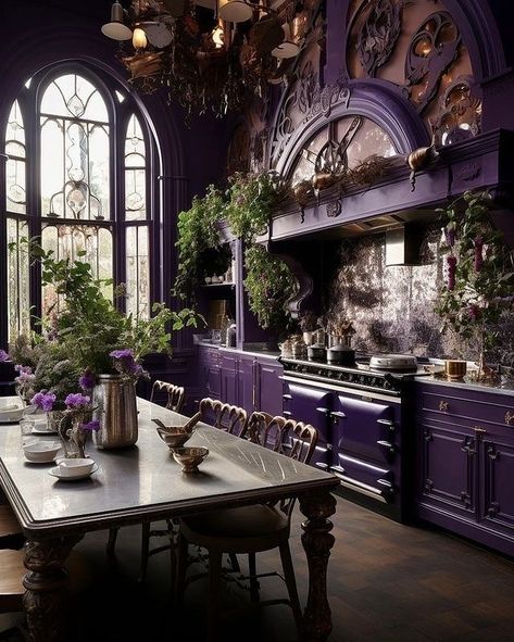 Light Floors, Dark Countertops, Casa Halloween, Purple Kitchen, Kitchen Ideas Dark Cabinets, Kitchen Ideas Dark, Gray Walls, Dark Home Decor, Backsplash Kitchen