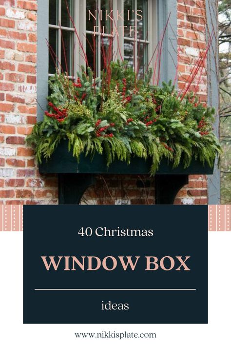 Christmas window boxes ideas; a list of all the beautiful Christmas window box designs and decor ideas. Xmas Window Boxes, Window Box Winter Ideas, Window Boxes In Winter, Christmas Window Box Decor, Christmas Window Boxes Outdoor Diy, Window Box Winter, Christmas Outdoor Window Boxes, Window Ideas For Christmas, Winter Window Boxes Outdoor