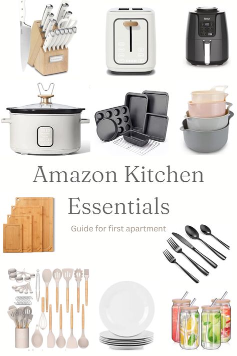 First Apartment Kitchen, Minimalist Kitchen Essentials, First Apartment Tips, Apartment Must Haves, First Apartment Essentials, Apartment Checklist, Kitchen Necessities, House Essentials, Pots And Pans Sets