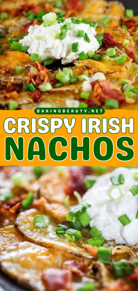 The ULTIMATE Irish Nachos! Made with crispy potato rounds and toppings like bacon and cheese, these loaded nachos are perfect for homegating and tailgating. Pin this game day recipe for later! Football Appetizers Easy, Irish Nachos, Football Recipes, Potato Rounds, Football Appetizers, Loaded Nachos, Fall Football, Nachos Recipe, Favorite Appetizers