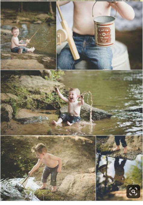 First birthday photo shoot ideas: fishing, creek, river, water play 1st Birthday Fishing Photo Shoot, Gone Fishing Photo Shoot, Little Boy Fishing Photography, First Birthday Creek Pictures, Father Son Fishing Photoshoot, Creek Pictures Kids, Fishing First Birthday Photoshoot, Toddler Fishing Photo Shoot, Baby Fishing Photo Shoot