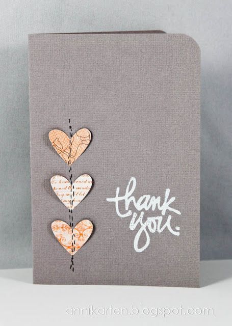 handmade thank you card ... gray base ... three punched hearts in a column with faux sewing line down the center ... sweet ... Simple Diy Thank You Cards, Simple Thank You Cards, Thank U Cards, Machine Stitching, Simple Layout, Handmade Thank You Cards, Ali Edwards, Technique Tuesday, Birthday Cards Diy