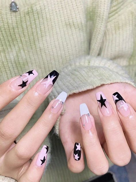 Pink star pattern long ballet full cover fake nail kit for Pink And Black Nail Ideas, Nails Shapes, Animal Geometric, Nails Y2k, Nails 3d, Nagel Tips, Easy Nails, Almond Shape Nails, Y2k Nails