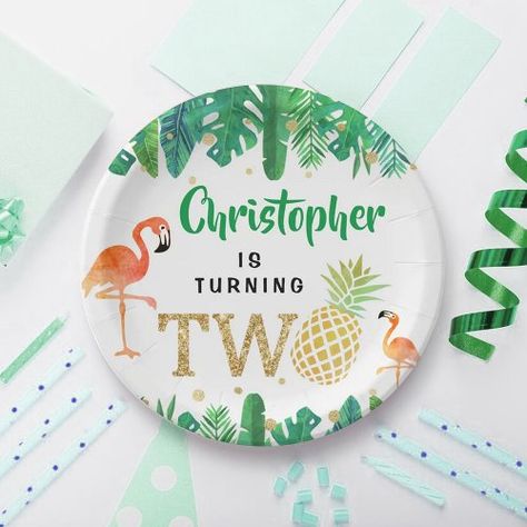 $1.8 | Tropical Summer Beach Luau Boys 2nd Birthday - luau, summer, tropical, pineapple, flamingo, watercolor, aloha, hawaiian, 2nd birthday, green and gold Boys 2nd Birthday, Flamingo Watercolor, Birthday Paper Plates, Birthday Paper, Tropical Summer, Paper Plates Party, Party Paper, Party Plates, Party Tableware