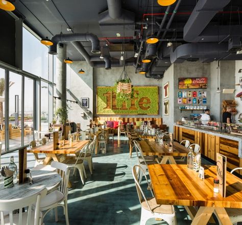 One Life Kitchen & Cafe by Studio EM, Dubai – UAE » Retail Design Blog Healthy Restaurant Design, Big Houses Interior, Organic Restaurant, Organic Food Store, Organic Market, Cafe Kitchen, Healthy Restaurant, Life Kitchen, Iron Chair