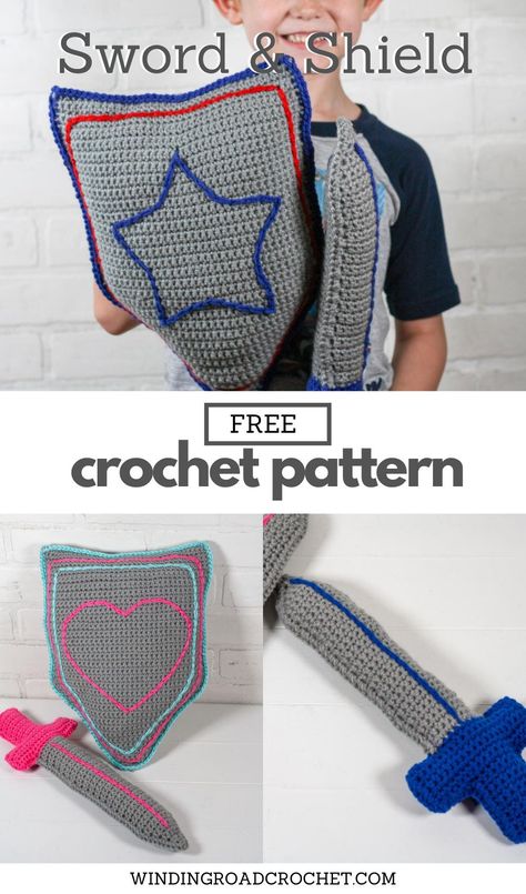 Your kids will love this quick and easy crochet sword and shield for pretend play. Free crochet pattern with a helpful video tutorial. Easy Free Crochet Patterns, Crochet Boys, Winding Road Crochet, Modern Crochet Patterns, Crochet Blanket Pattern, Crochet Design Pattern, Kids Crochet, Crochet For Boys, Winding Road