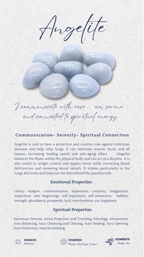 Blue Angelite Crystal Meaning, Angelite Crystal Meaning, Crystal Encyclopedia, Angelite Crystal, Crystal Magick, Crystal Healing Chart, Crystal Healing Stones, Crystal Meanings, Spiritual Connection