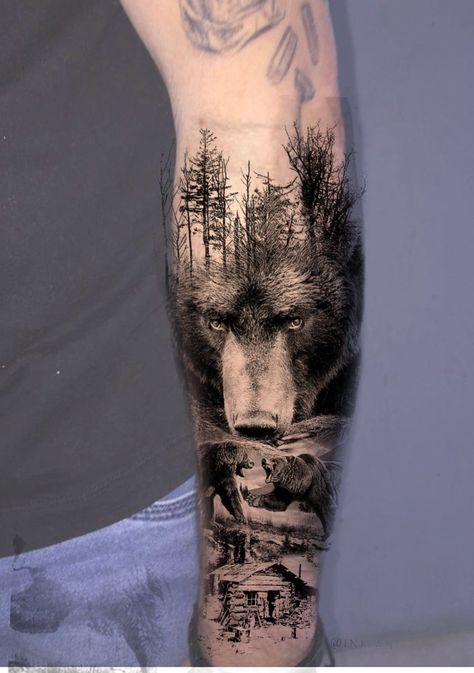 Outdoor Tattoos, Mountain Sleeve Tattoo, Forest Tattoo Sleeve, Grizzly Bear Tattoos, Deer Head Tattoo, Rip Tattoos For Mom, Outdoor Tattoo, Infinity Tattoo With Feather, Rabe Tattoo