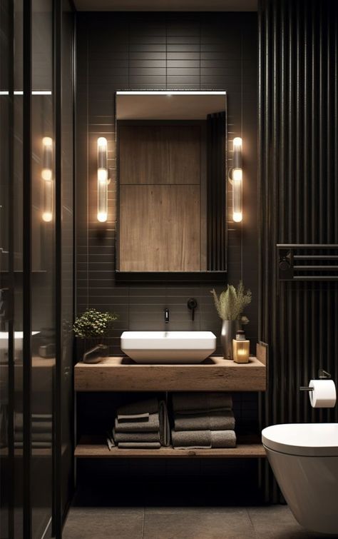 Small Dark Bathroom, Masculine Bathroom Ideas, Masculine Bathroom, Dark Bathroom Ideas, Bathroom Design Black, Bathtub Bathroom, Dark Bathrooms, Bad Inspiration, Rustic Bathroom Decor