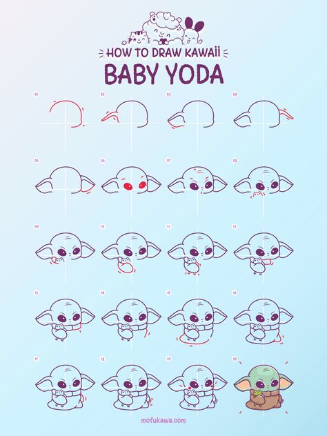 Step by step tutorial for how to draw baby yoda. Cute Kawaii Art, Yoda Drawing, Yoda Art, Yoda Images, Quick Art, Disney Drawing, Easy Disney Drawings, Cartoon Nails, Drawing Lessons For Kids