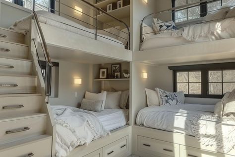 40 Bunk Room Ideas: Designs for Fun, Space-Saving Solutions 3 Bed In One Room Ideas, Lake House Bunk Rooms, Calming Bedroom Colors, Bunk Room Ideas, 4 Bunk Beds, Calm Bedroom, Bedroom Upstairs, Bunk Bed Rooms, Adult Bunk Beds