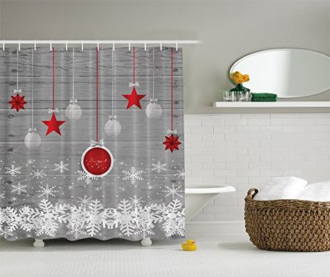 Red Holiday Star Ornaments and Snowflake  Gray Christmas Fabric Shower Curtain ** Read more reviews of the product by visiting the link on the image. Christmas Bathroom Sets, Kids Bathroom Accessories, Bathroom Shower Curtain Sets, Star Ornaments, Christmas Bathroom Decor, Christmas Shower, Christmas Shower Curtains, Christmas Bathroom, Bathroom Decor Sets