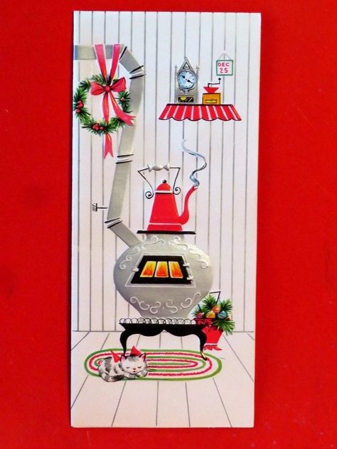 Vintage Christmas Card UNUSED Mid Century Kitten Silver Potbelly Stove Pink | #1905059940 Potbelly Stove, Vintage Christmas Cards 1950s, Mod Christmas, Play Pen, Christmas Card Illustration, Vintage Holiday Cards, Christmas Postcards, Pink Xmas, Christmas Collage