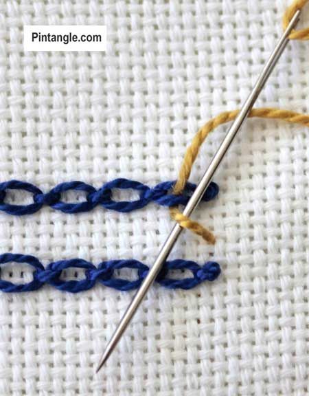 How to work Interlaced Cable Chain Stitch - Pintangle Cable Chain Stitch, Viking Embroidery, Chain Stitch Embroidery, Hand Embroidery Patterns Flowers, Embroidery Patterns Vintage, Cable Stitch, Hand Embroidery Design Patterns, Hand Embroidery Stitches, Hand Embroidery Design