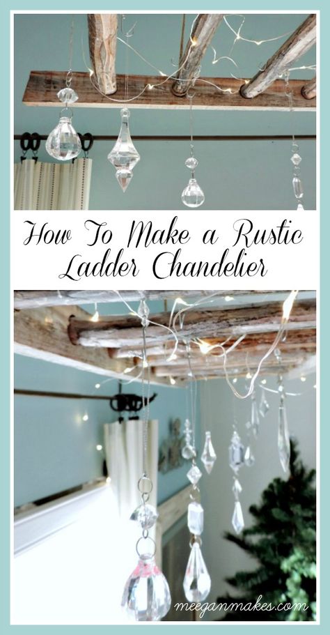 How To Make a Rustic Ladder Chandelier Diy Ladder Light Fixture, How To Hang A Ladder From The Ceiling, Hanging Ladder From Ceiling, Ladder With Lights, Diy Chandelier Ideas, Ladder Chandelier, Wooden Ladders, Antique Ladder, Ladder Ideas