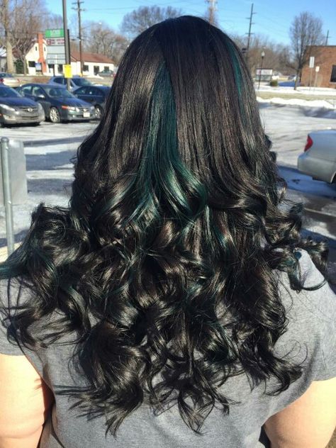 Teal Streaks In Black Hair, Black Hair With Teal Highlights, Teal Hair Streaks, Black And Teal Hair, Dark Teal Hair, Calico Hair, Monster Fashion, Teal Highlights, Blue Monster