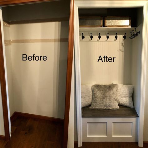 Front Entryway Closet Makeover, Entry Way Coat Closet Ideas, Front Foyer Ideas Entryway Closet, Small Coat Closet Makeover Entryway, Entryway Ideas Closet Entrance, Closet Nook Entryway, Closet Turned Nook, Hall Closet Bench, Hall Closet Without Doors