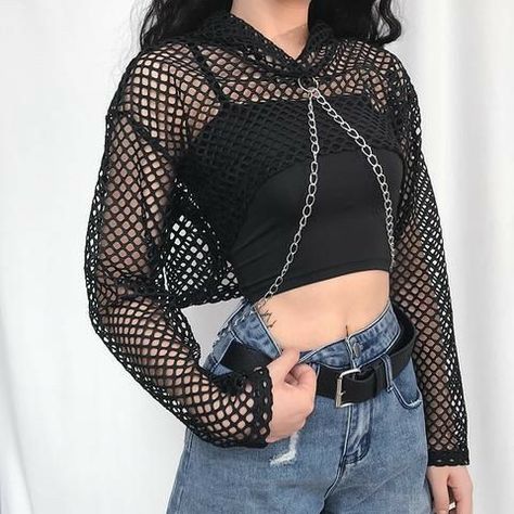 Cute Outfits With Fishnets, Fishnet Shirt Outfit, Fishnet Top Outfit, Chain Hoodie, Gothic Embroidery, Black Fishnet Top, Fishnet Outfit, Fishnet Shirt, Resting Witch Face