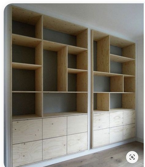 Plywood Shelves Wall, Plywood Office Furniture, Plywood Wall Shelves, Plywood Built In Shelves, Plywood Library, Built In Wood Shelves, Two Tone Bookcase, Ply Shelving, Office Cupboard Design