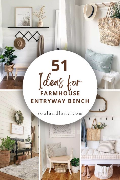 Explore farmhouse entryway bench ideas that promise to delight your guests the moment they step inside. From rustic charm to chic accents, discover how to create a welcoming nook that combines functionality with farmhouse flair, making every entrance memorable. Small Hallway Bench Ideas, Deacons Bench Entryway, Farmhouse Living Room Entryway, Decor Above Entryway Bench, Entry Way Nook Entrance, Entryway With Bench Decor, How To Style Entryway Bench, Foyer Benches Entryway, Farmhouse Foyer Ideas Entryway