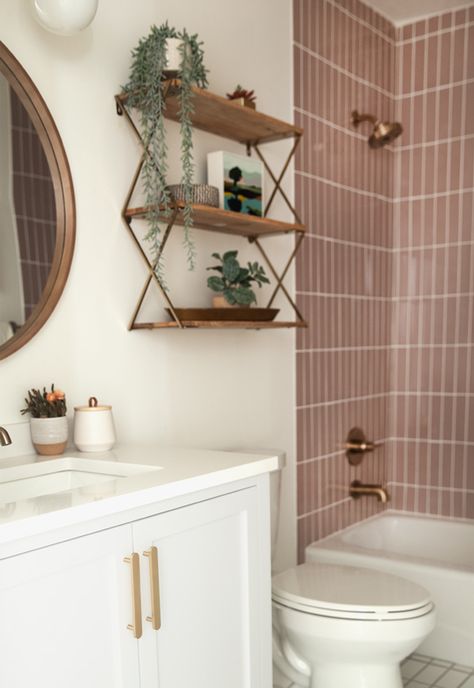 An Earthy Pink Girls Bathroom Renovation - Say Yes Bathroom Decor For Small Bathrooms, Pink Girls Bathroom, Pink Tile Bathroom Ideas, Brown Bathroom Floor, Green And Pink Bathroom, Mauve Bathroom, Pink Tile Bathroom, Tan Bathroom, Pink Bathroom Tiles